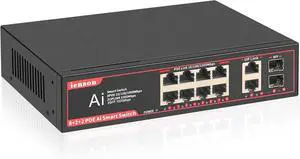 POE Gigabit Switch 8 Ports with 2 Uplink and 2 1.25G SFP, 12 Ports POE Ethernet Network Switch with 120W AI Detection,802.3af/at Compliant |Fanless Design |Plug & Play