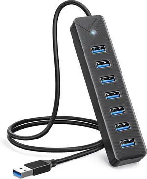 PG7U 7-Port USB 3.0 Hub with USB-C Power Input Port - 5Gbps Multiport USB Dock Splitter for PC, Desktop, PS4, PS5, Xbox, and More - 3.3ft Long Cable, Black