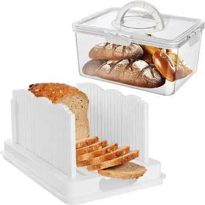 Bread Slicer for Homemade Bread with Bread Box Handle and Lid, 3 Types of Slice Thicknesses Adjustable Slicing Guide with Crumb Tray for Homemade Bagels, Buns, Cakes
