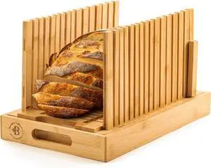 Bread Slicer for Homemade Bread - Bambüsi New Upgrade Bamboo Bread Cutter with Adjustable Width, Foldable Compact Slicing Guide and Crumb Tray - Bread Cutter for Loaf, Cake, Bagels (No Knife)
