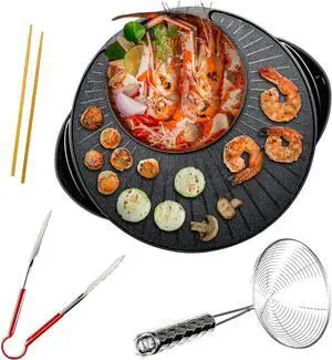 OVENTE Electric Hot Pot and Grill Combo, 2-in-1 Portable Countertop Cooker with Temperature Control Perfect for Korean BBQ, Shabu Shabu and Soup with Free Strainer, Chopsticks and Tong, Black GH10133B