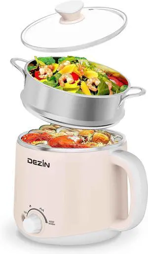 Dezin Hot Pot Electric with Steamer, Rapid Noodles Cooker, Stainless Steel Electric Pot 1.6 Liter, Perfect for Ramen, Egg, Dumpling, Soup, Oatmeal with Temperature Control and Keep Warm Function