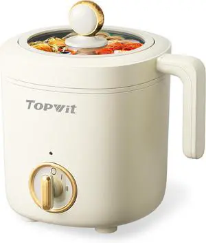 TOPWIT Hot Pot Electric Pot for Cooking, Ramen Cooker 1.2L, Non-Stick Portable Noodles Cooker for Pasta, Soup, Steak, Oatmeal, College Dorm Room Essentials, Shabu Shabu Pot with Power Adjustment,Beige