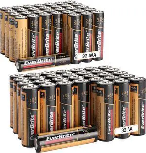 EverBrite 64pcs High Performance Alkaline Battery, 32-Pack AAA and 32-Pack AA Alkaline Battery, Triple A Batteries and Double A Batteries Household and Office Devices