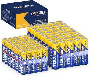 PKCELL AA Batteries & AAA Batteries, 40 Double A Batteries and 40 Triple A Batteries Combo Pack (80 Count), 1.5V High-Performance Carbon Battery