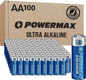 Powermax 100-Count Double AA Batteries, Ultra Long Lasting Alkaline Battery for Home and Office, 10-Year Shelf Life, Reclosable Packaging