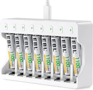 EBL Rechargeable AAA Batteries 8 Pack, Triple AAA Batteries 1100mAh High Capacity, 1200 Recharge Cycles, Pre-Charged 1.2V NiMH AAA Battery with Individual Battery Charger