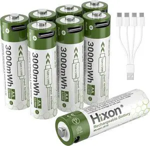Hixon 1.5V USB Rechargeable Lithium Batteries AA Size,3000mWh Double AA Rechargeable Battery,Charges 1.5 Hours, Over 1000 Cycles, 4-in-1 USB-A to USB-C Charging Cable, LED Charge Indicator, 8-Pack