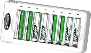 Rechargeable AA and AAA Batteries with 8 Bay Smart Charger,4 Pack AA 2800mAh & 4 Pack AAA 1100mAh Low self Discharge NiMH Battery