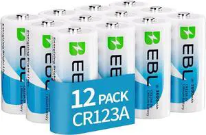 EBL 12 Pack CR123A 3V Lithium Battery 1600mAh High Capacity CR123 CR17345 for Arlo Pro/Go, Smoke Alarms, Flashlights, Security Devices & Home Automation - Long-Lasting