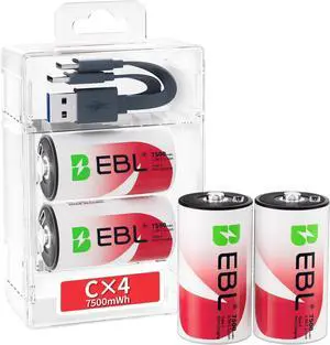 EBL Rechargeable C Batteries 7500mWh Lithium Battery, 1.5V with USB-C Cable, 1600+ Cycles Fast Charging - for Flashlights Toys Emergency Lights4 Pack
