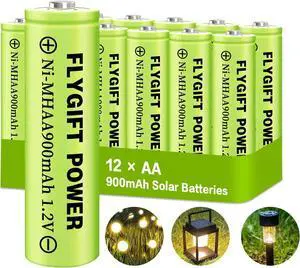 FlyGift AA Rechargeable Batteries Solar Battery for Solar Lights (AA 900mAh 12 Pack)