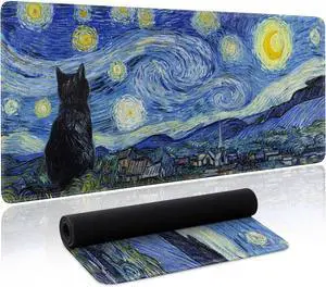 Starry Night Cat Gaming Mouse Pad Large Desk Mat Extended Keyboard Mouse Pad Anime Mousepad with Non-Slip Base and Stitched Edge Mouse Mat Desk Pad 31.5 x 11.8 Mouse Pads for Desk Home Office Gaming