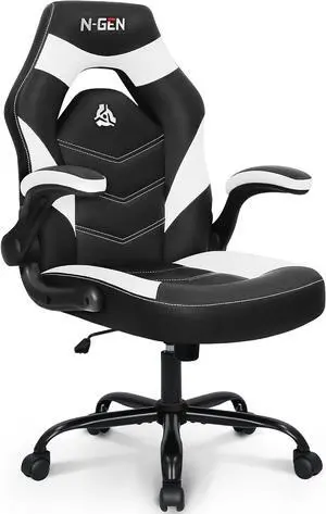 N-GEN Gaming Gaming Chair, Lumbar, PU Leather, Flip-Up Arms, White | Ergonomic High-Back Design, Adjustable Height with 360° Swivel Wheels, Comfortable Computer Desk Seating for Office and Home N-GEN Gaming Gaming Chair, Lumbar, PU Leather, Flip-Up Arms, White | Ergonomic High-Back Design, Adjustable Height with 360° Swivel Wheels, Comfortable Computer Desk Seating for Office and Home