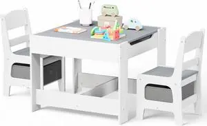 Kinder King Kids Wood Table & 2 Chairs Set, Blackboard, Grey Kinder King Kids Wood Table & 2 Chairs Set, Blackboard, Grey