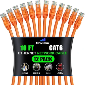 Maximm Cat6 Ethernet Cable 10 Ft, 10 Gbps 550 MHz, Orange, 12 Pack Maximm Cat6 Ethernet Cable 10 Ft, 10 Gbps 550 MHz, Orange, 12 Pack