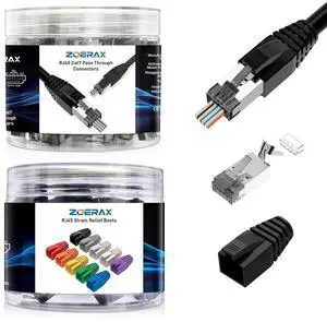 ZOERAX RJ45 Connectors, Ethernet Connector CAT6A, and CAT7 RJ45 Pass Through Connectors & Strain Relief Boots 50-Pack (50 Connectors + 50 Boots) - Black ZOERAX RJ45 Connectors, Ethernet Connector CAT6A, and CAT7 RJ45 Pass Through Connectors & Strain Relief Boots 50-Pack (50 Connectors + 50 Boots) - Black