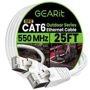 GEARit Cat6 Outdoor Ethernet Cable (25ft) 23AWG Pure Copper, FTP, LLDPE, Waterproof, Direct Burial, In-Ground, UV Resistant, POE, Network, LAN, Internet, Cat 6, Cat6 Cable - 25 Feet GEARit Cat6 Outdoor Ethernet Cable (25ft) 23AWG Pure Copper, FTP, LLDPE, Waterproof, Direct Burial, In-Ground, UV Resistant, POE, Network, LAN, Internet, Cat 6, Cat6 Cable - 25 Feet