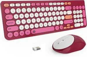 FD Wireless Keyboards and Mouse Combo - 2.4GHz USB Cordless, Cute Wireless Keyboard Round Keys, Quiet and Slim Set for Laptop, Computer, TV and Mac - Strawberry White Colorful