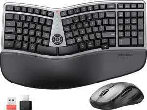 MEETION Ergonomic Wireless Keyboard and Mouse Combo, 2.4G Curved Compact Keyboard with Cushioned Palm Rest, 4 Level DPI Adjustable Wireless Mouse, for Windows/Mac/Desktop/Laptop/PC, Gray Black