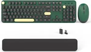 Colorful Wireless Computer Keyboards Mouse Combos, Cute Retro Typewriter Keyboard with Round Keycaps, 2.4 GHz 104 Keys Full-Sized USB/Type C Receiver Keyboard and Optical MouseDark Green