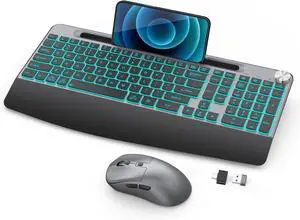 Wireless Keyboard and Mouse Backlits - Full-Sized Ergonomic Lighted Keyboard with Wrist Rest, Phone Holder,2.4GHz Rechargeable Silent Keyboard Mouse Combo for Computer, Laptop, PC, Mac -Grey