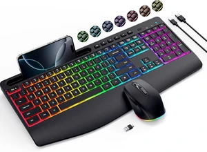 2.4G Rechargeable Wireless Keyboard & Mouse Combo Silent Set with Phone Holder, Ergonomic Wrist Rest & 9 RGB Backlit Effects for Windows, Laptop, PC 2.4G Rechargeable Wireless Keyboard & Mouse Combo Silent Set with Phone Holder, Ergonomic Wrist Rest & 9 RGB Backlit Effects for Windows, Laptop, PC