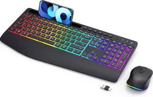 Wireless Keyboard & Mouse Combo - Dual System RGB Backlit Mouse & Keyboard, 2.4G Rechargeable, Full Size Ergonomic Silent with Phone Holder for Windows Mac PC Laptop