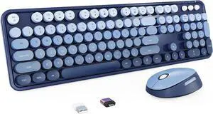 Nowlike wireless keyboard and mouse combination, retro typewriter keyboard with round keys, full size ergonomic, blue, perfect for windows PC, home, office and college, wireless