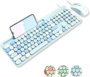 X9 Wired Keyboard and Mouse Combo with Backlight - Silent Round Keycaps, Phone/Tablet Dock, 109 Fullsize Keys, Cute Colorful Blue Keyboard, Aesthetic and Pastel Keyboard for Laptop, PC and Chrome