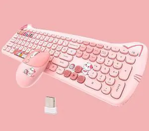 Cute Cat 2.4G USB Wireless Keyboard and Mouse Combo, Silent Keys, Candy Colors, Compatible with Notebook, PC (Pink-110Keys)