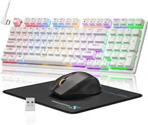 Wireless Mechanical Gaming Keyboard and Mouse, 98 Keys RGB Backlit Blue Switch Keyboards, Ergonomic Wireless Gaming Mice with Mouse Pad, 3-Mode USB-C/2.4G/BT5.0, Anti-Ghosting for PC Laptop Gamer