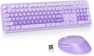 GTSP Colorful Purple Wireless Keyboard and Mouse Combo, Retro Typewriter Keyboard Wireless Full-Size Cute Office Keyboard 2.4GHz with Round Keycaps for Desktop Laptop and PC (Cute Purple)