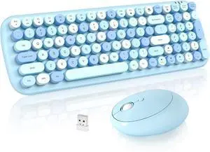 Wireless Keyboard and Mouse, Typewriter Keyboard and Mouse Wireless Combo, 2.4GHz Wireless Retro Keyboard and Wireless Mouse for PC/Laptop/Desktop/Windows (Blue Colorful)