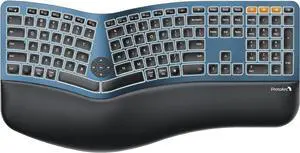 ProtoArc Backlit Wireless Ergonomic Keyboard, EK01 Plus Full Size Ergo Keyboard with Wrist Rest, Split Design, Rechargeable, Bluetooth and USB, Natural Typing Compatible with Windows/Mac/Android, Blue