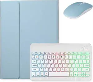 Backlit Keyboard for Galaxy Tab S10 FE / S9 FE 10.9 inch, Tab S9/S8/S7 11" Case with Mouse and Detachable RGB Colorful Backlight Color Keyboard Case,Mist Blue+White