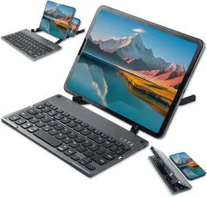 Foldable Keyboard with Universal Stand,Bluetooth Keyboard for iPhone for iPad for Mac for Android for Windows for iOS,Holder for Any Brand Any Size Phone&Folding Screen Phone&Tablet(Gray)