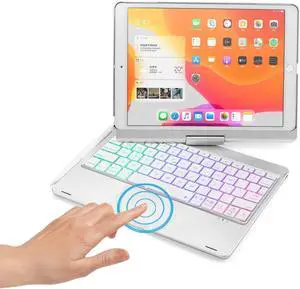 HENGHUI 360 Rotatable Touch Keyboard for iPad 9th/8th/7th Gen 10.2 inch & iPad Air 3rd Gen/Pro 10.5 - Foldable Backlight Keyboard with Trackpad, Silver