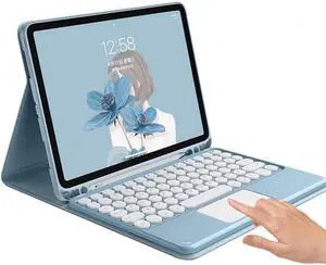 HENGHUI Touch Keyboard Case for Galaxy Tab S9 FE 10.9"/S9 11"/S8 11"/S7 11" Keyboard Case with Touchpad Detachable Keyboard Cute Round Key Color Keyboard Cover,MistyBlue
