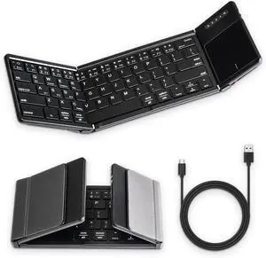Foldable Bluetooth Keyboard With Touchpad, Wireless Folding PU Leather (Sync up to 3 Devices), Full-Size Portable for Android/Windows/iOS