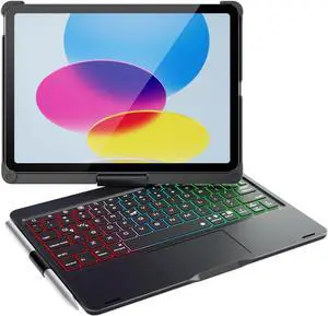 for iPad 11th(A16/2025)/10th Gen Case with Keyboard, 360° Rotatable Keyboard Case with Touch trackpad,7 Colors Backlight Pencil Holder Protection Black