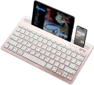 Portable Bluetooth Tablet Keyboard with Phone Tablet Holder, Compact Wireless, Multi-Device Bluetooth, for Windows/iOS/Andriod(Rose Gold)