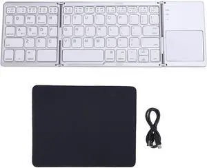 Foldable Wireless Keyboard, Folding Portable Keyboard with Touchpad, Triple Folding Rechargeable Travel Keyboards for Smartphone, Tablet and Laptop (Silver+White)