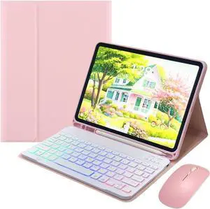 for iPad mini 7 (A17 Pro)/ iPad mini 6th 7th Generation Keyboard Case with Mouse and Rainbow Backlit Detachable Bluetooth Keyboard Cover,Pink