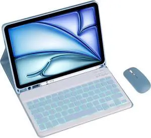 Magnetic Detachable Wireless Keyboard & Mouse Combo with Built in Pen Holder Leather Cover for iPad Pro 2020/2021/2022 12.9-inch Tablet Keyboard Case (Blue,Backlight and Mouse)