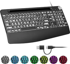Wired Large Print Keyboard with 7 Colored Backlits,with Phone Holder &Wrist Rest, Lighted up Full Size Keyboard for Mac Windows Laptop PC, Black