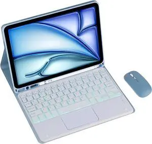 Magnetic Detachable Wireless Keyboard & Mouse Combo with Built in Pen Holder Leather Cover for iPad 11th Gen (2025) 11-inch Tablet Keyboard Case (Blue,Backlight Touch Pad and Mouse)