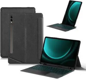 Magnetic Keyboard for Galaxy Tab S9 FE+ 12.4"/ Tab S9+ 12.4 inch Backlit Keyboard Case with Touchpad Portrait/Landscape Modes Magnetic Detachable Backlight Keyboard