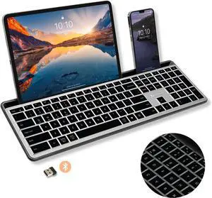X9 Full Size Bluetooth Keyboard with Phone Holder - Backlit Wireless Keyboard, Switch Multi Device, Quiet, Slim, Rechargeable, w/Copilot for iPhone, Tablet, PC, Mac, iPad, MacBook, iOS, Android - Gray X9 Full Size Bluetooth Keyboard with Phone Holder - Backlit Wireless Keyboard, Switch Multi Device, Quiet, Slim, Rechargeable, w/Copilot for iPhone, Tablet, PC, Mac, iPad, MacBook, iOS, Android - Gray