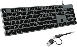 Wired Backlit Keyboard for Windows/Mac,Aluminum Slim & Quiet Full Size Keyboards Light Up with USB A/USB C Dual Interface,Compatible with iMac,MacBook,iPad,Laptop,PC-Gray Black